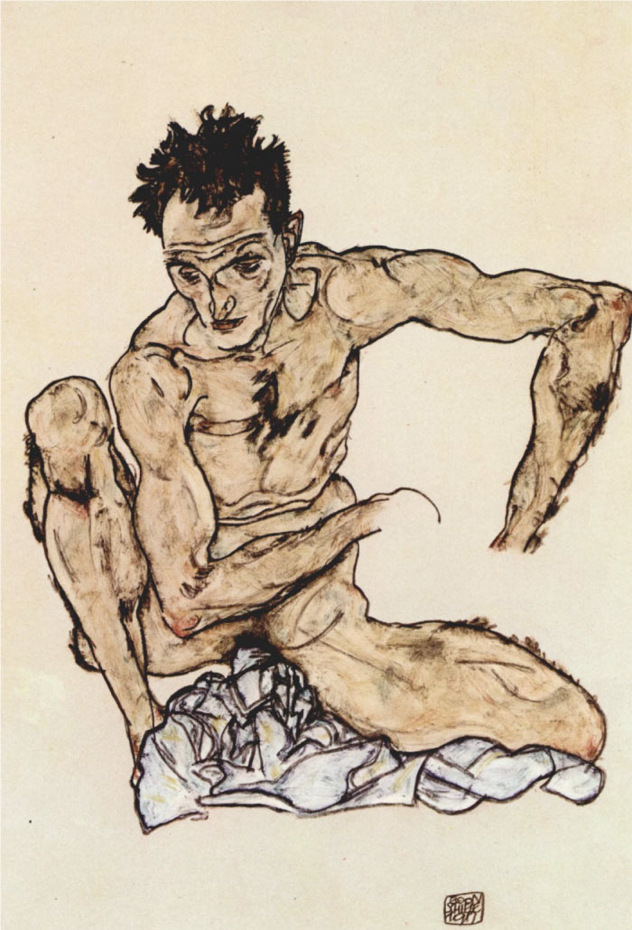 埃贡·席勒（ Egon Schiele）高清作品-《蜷缩的男性裸体》