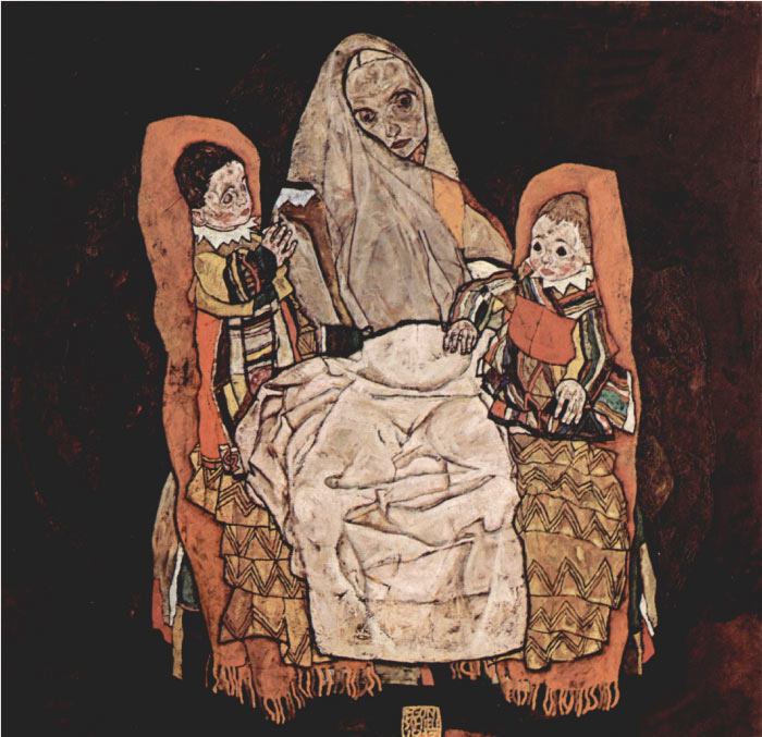埃贡·席勒( Egon Schiele)高清作品-《有两个孩子的母亲III(1915-1917)》-1