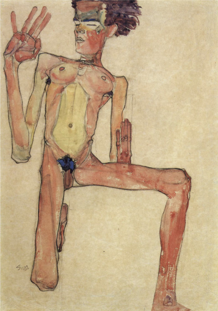 埃贡·席勒（ Egon Schiele）高清作品-《裸体跪地》