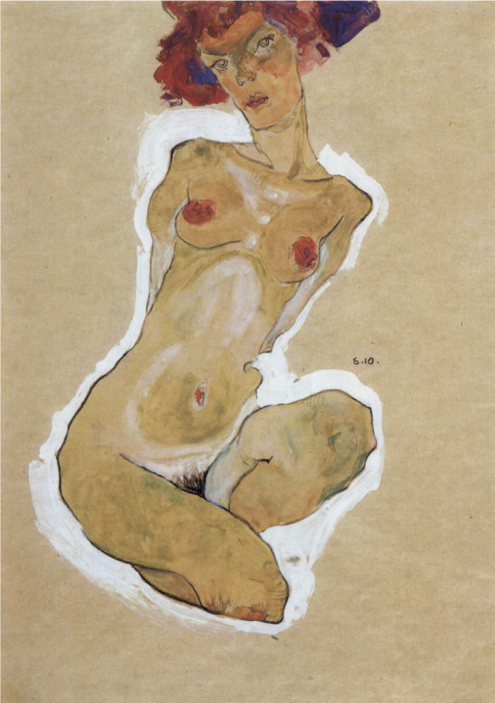 埃贡·席勒（ Egon Schiele）高清作品-《蜷缩的裸体女性》