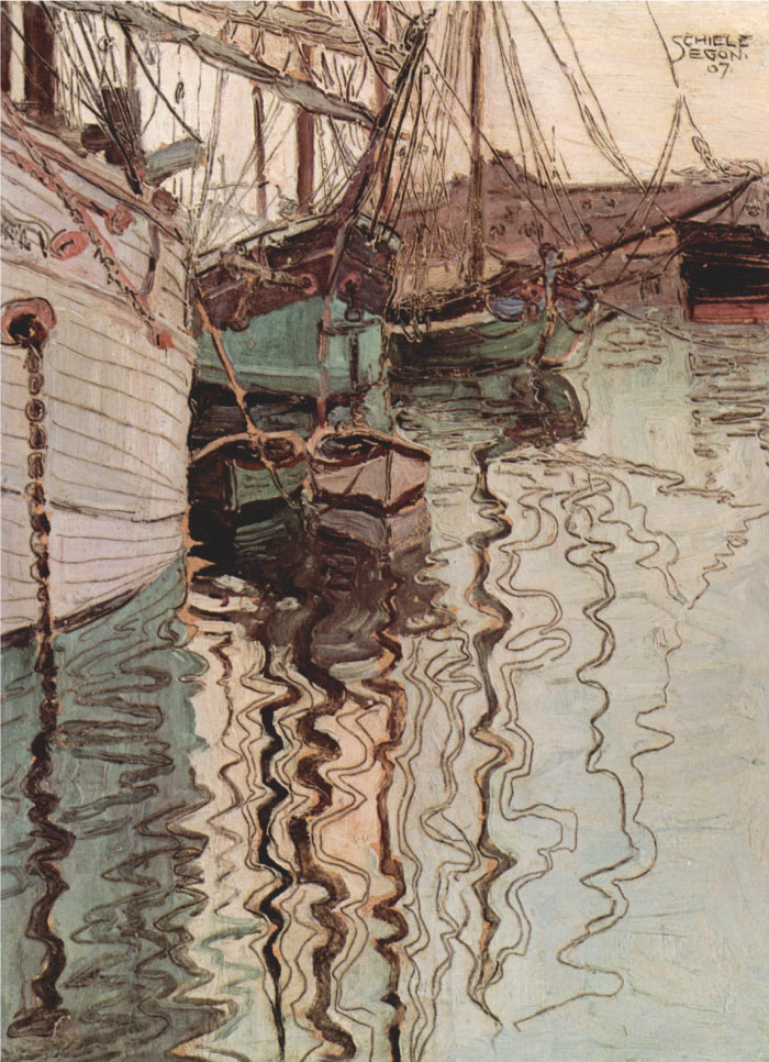 埃贡·席勒（ Egon Schiele）高清作品-在波浪运动的水中航行的船只