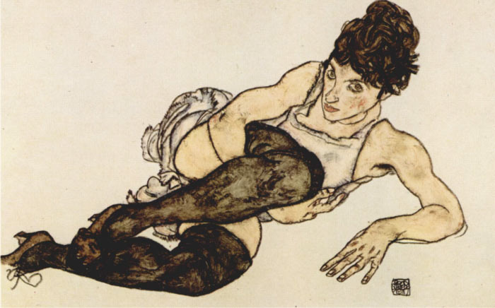 埃贡·席勒（ Egon Schiele）高清作品-斜躺着穿绿丝袜的女人