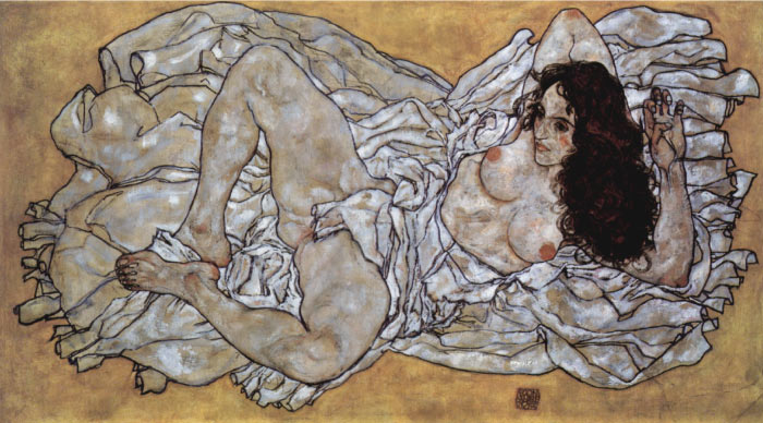 埃贡·席勒（ Egon Schiele）高清作品-斜躺的女人 Reclining