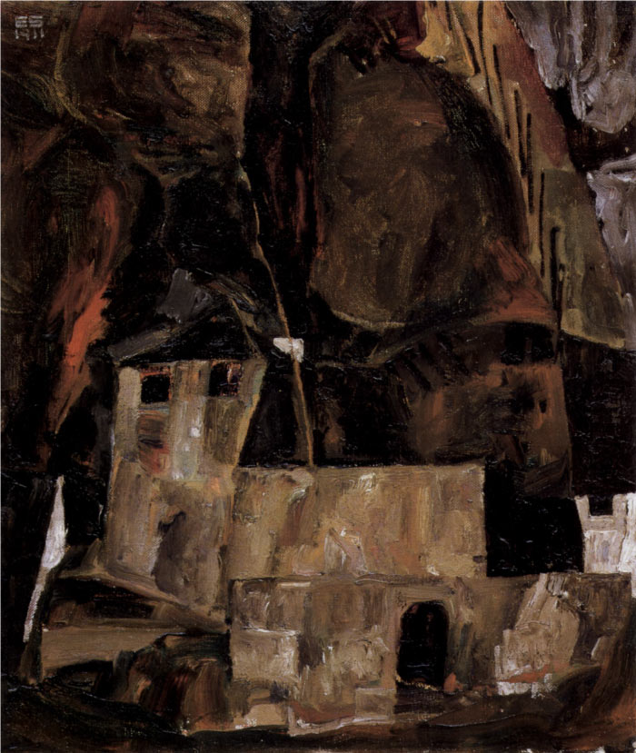 埃贡·席勒（ Egon Schiele）高清作品-丘陵地带前面的墙和房子，带围栏