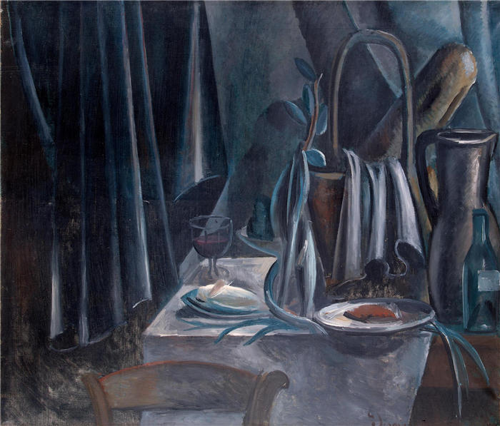 安德烈·德朗（André Derain）高清作品-《1913年，面包篮和红酒》