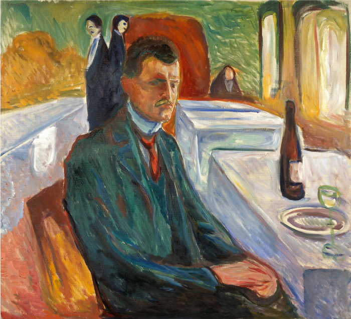 爱德华·蒙克（Edvard Munch）高清作品 - 1906年《一瓶葡萄酒的自画像》