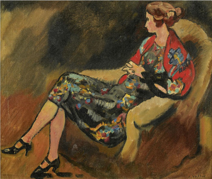 路易斯·沃塔特(Louis Valtat)高清作品-《坐在扶手椅上的年轻女人》，1917年