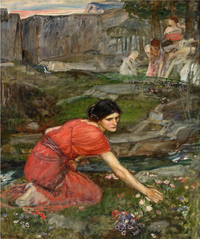 沃特豪斯(John William Waterhouse) 高清作品-44 溪边采花的少女
