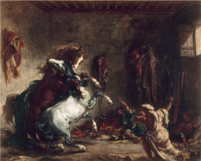 欧仁·德拉克鲁瓦(Eugene Delacroix)高清作品 -在马厩中打斗的阿拉伯马