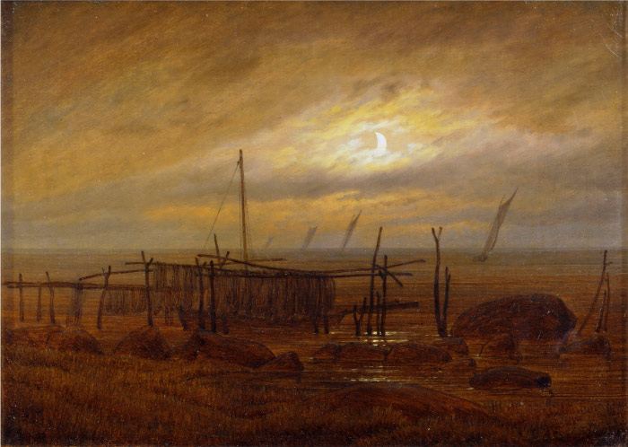卡斯珀·大卫·弗里德里希（Caspar David Friedrich）高清作品 (12)-海边月光
