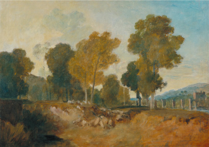 特纳（J. M. W. Turner）高清作品-河边的树，中间有桥