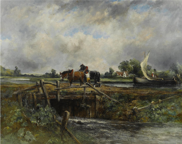康斯坦布尔（John Constable）高清作品-河边的马