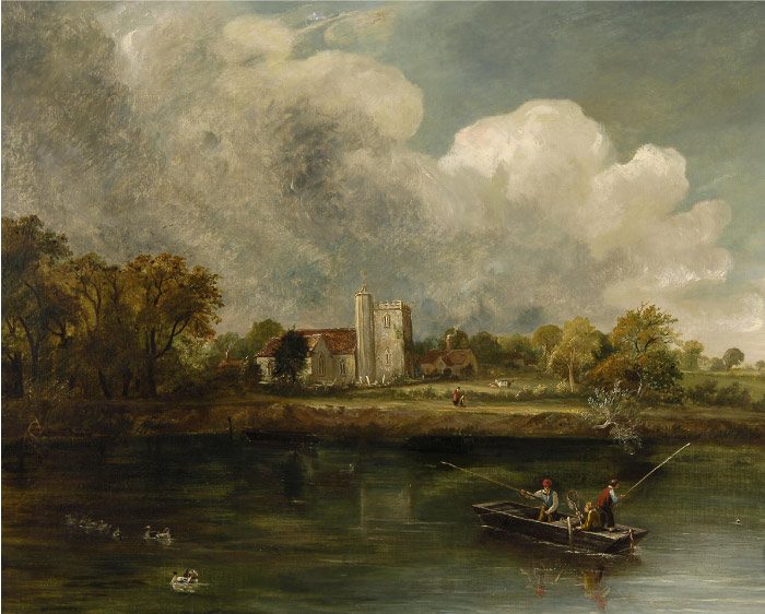 康斯坦布尔（John Constable）高清作品-河里钓鱼的人