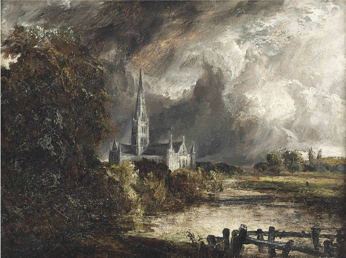 康斯坦布尔（John Constable）高清作品-《从草地观看索尔斯堡主教堂》