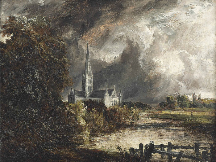 康斯坦布尔(John Constable)高清作品-《从草地观看索尔斯堡主教堂》