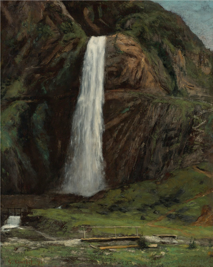 古斯塔夫·库尔贝（Gustave Courbet）高清作品-桥梁和瀑布 Un Pont Pietonnier Et Une Cascade En Montagne