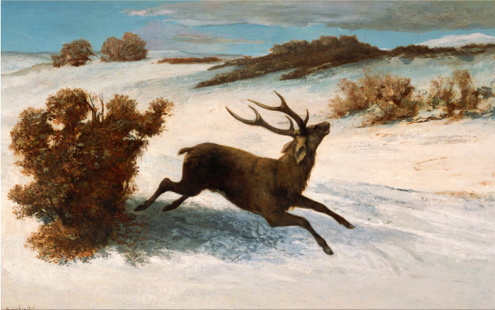 古斯塔夫·库尔贝（Gustave Courbet）高清作品-雪中奔跑的鹿 Deer Running in the Snow