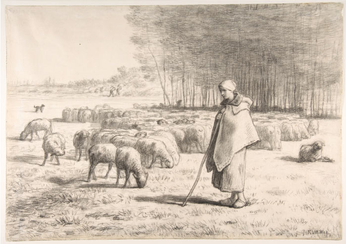 米勒 (Jean-François Millet)高清作品-放羊素描