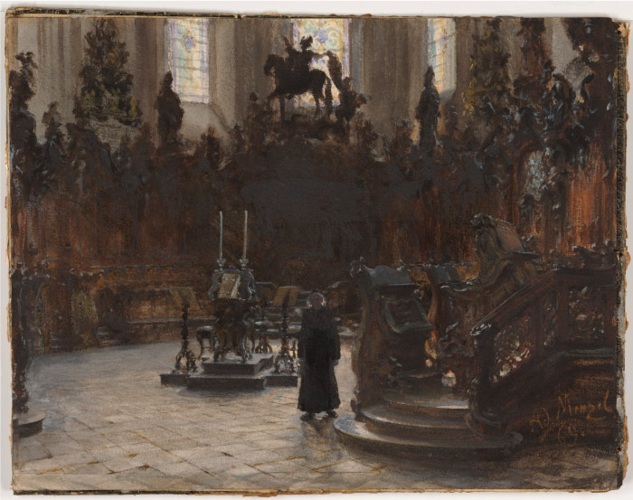 门采尔(Adolph Menzel)作品-美因茨大教堂的唱诗堂 The Choirstalls in the Mainz Cathedral