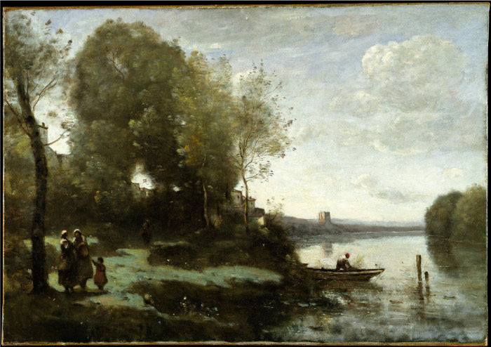 卡米尔·柯罗（Camille Corot）高清作品--远处有塔的河边