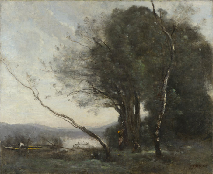 卡米尔·柯罗（Camille Corot）高清作品-河边的高大树木