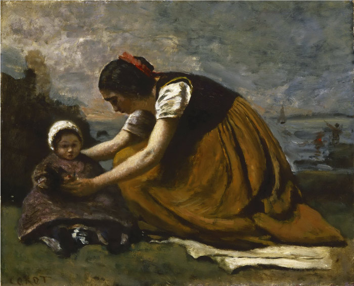 卡米尔·柯罗（Camille Corot）高清作品--Mother and Child on the Beach