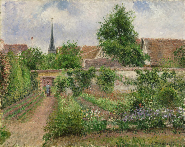毕沙罗（Camille Pissarro）高清作品-Eragny的菜园，多云的天空，早晨
