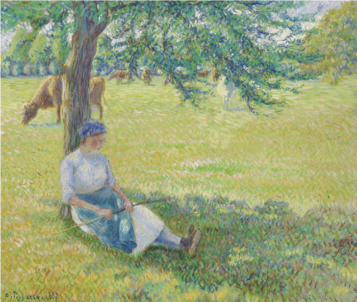 毕沙罗（Camille Pissarro）高清作品-树荫下休息的农妇