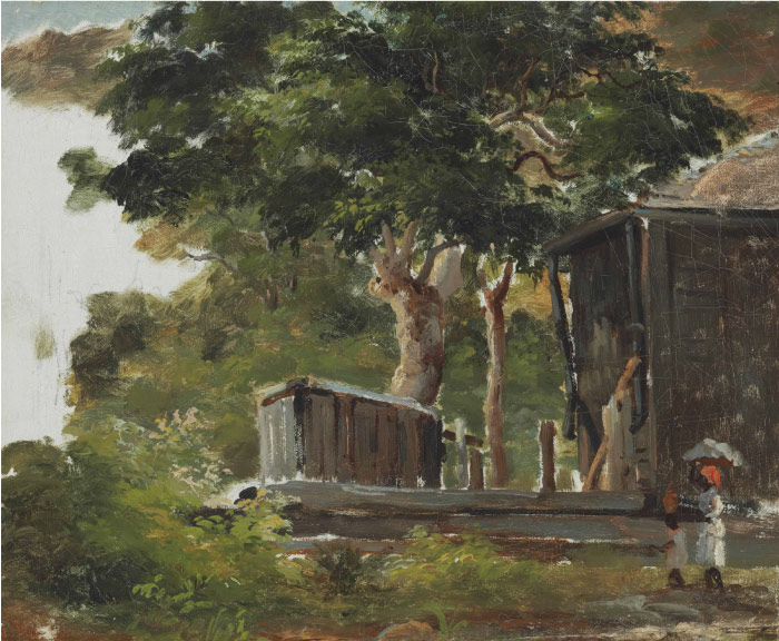 毕沙罗（Camille Pissarro）高清作品-安的列斯群岛圣托马斯森林中的房子景观