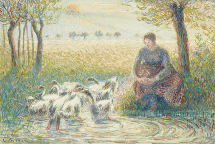 毕沙罗（Camille Pissarro）高清作品-放鸭子的农妇
