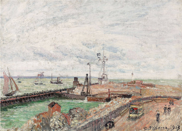 毕沙罗（Camille Pissarro）高清作品-码头，海边与轮船