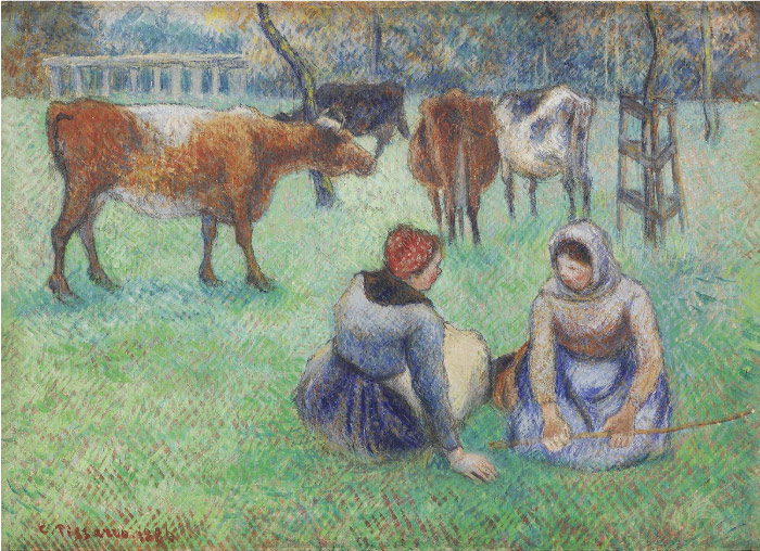 毕沙罗（Camille Pissarro）高清作品-坐着看牛的农民