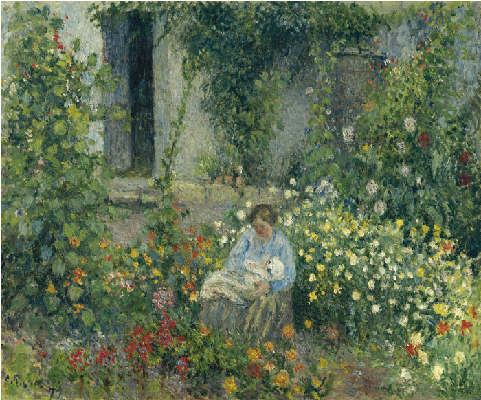毕沙罗（Camille Pissarro）高清作品-在花丛中的朱莉和鲁道夫