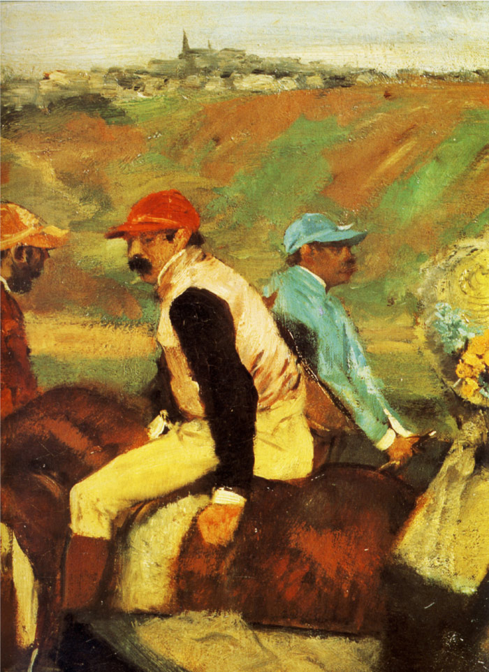 埃德加·德加(Edgar Degas)高清作品-赛马场,业余骑师靠近汽车 1880