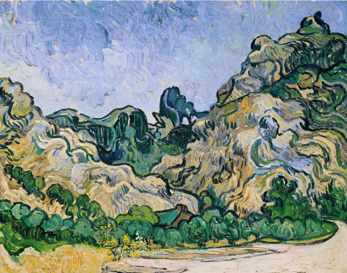 梵高（Vincent van Gogh）高清作品 –圣雷米山带小屋 Mountains at Saint Remy with Cottage