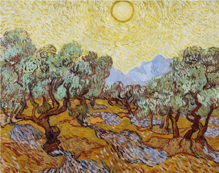梵高(Vincent van Gogh)高清作品 –有黄色天空和阳光的橄榄树 Olive Trees with Yellow Sky and Sun