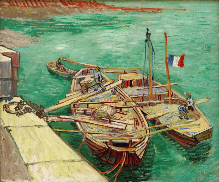 梵高(Vincent van Gogh)高清作品 –码头上有人在卸沙驳船 Quay with Men Unloading Sand Barges