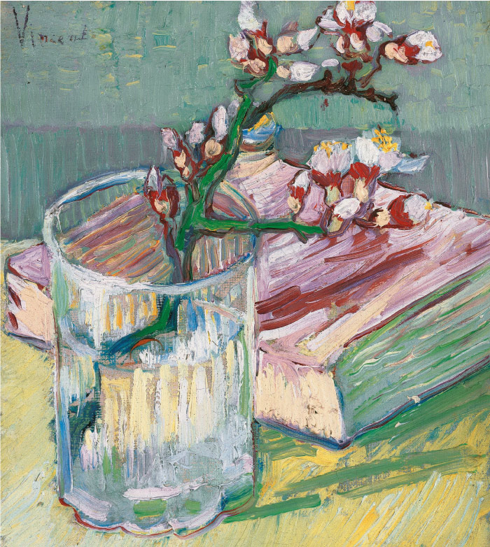 梵高（Vincent van Gogh）高清作品 –一本书与玻璃杯中绽放杏仁枝 Blossoming Almond Branch in a Glass with a Book