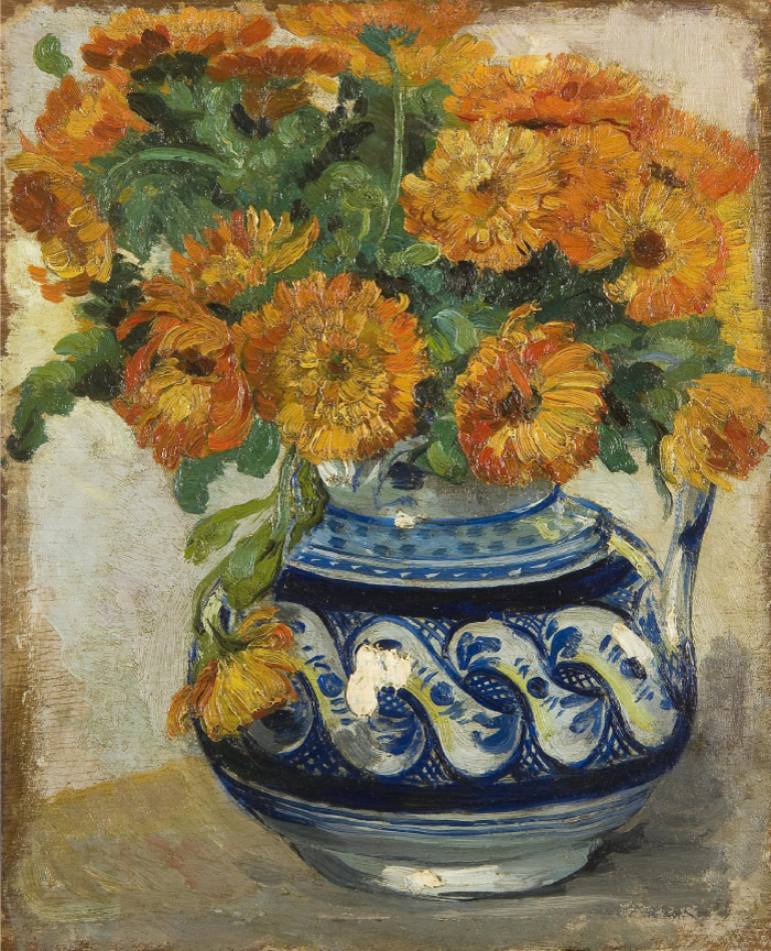 梵高（Vincent van Gogh）高清作品 –罐子里的金盏花静物 Vincent van Gogh Still life of marigolds in a Westerwald jug
