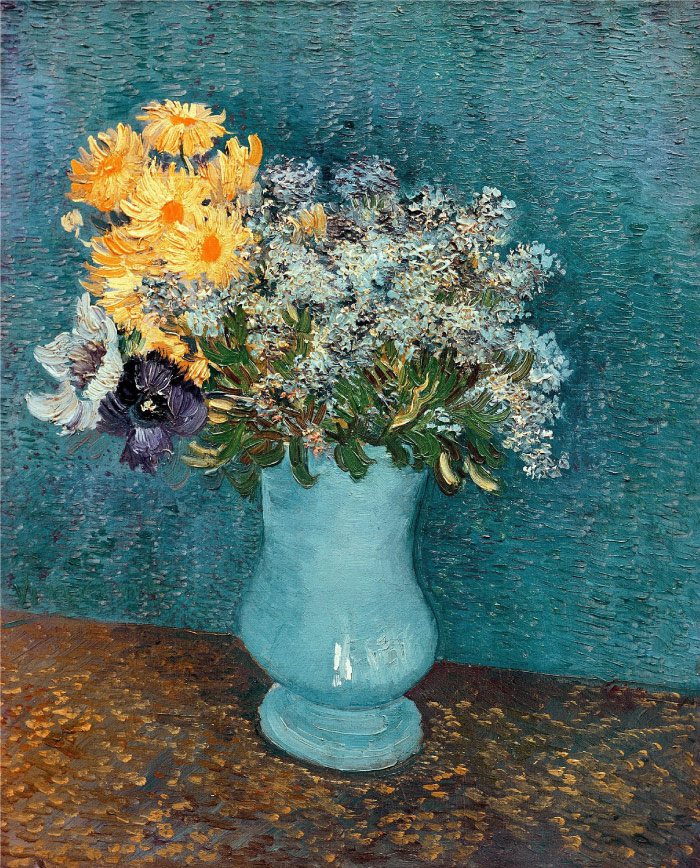 梵高（Vincent van Gogh）高清作品 –紫丁香和银莲花花瓶 Vase with Lilac, Margerites and Anemones