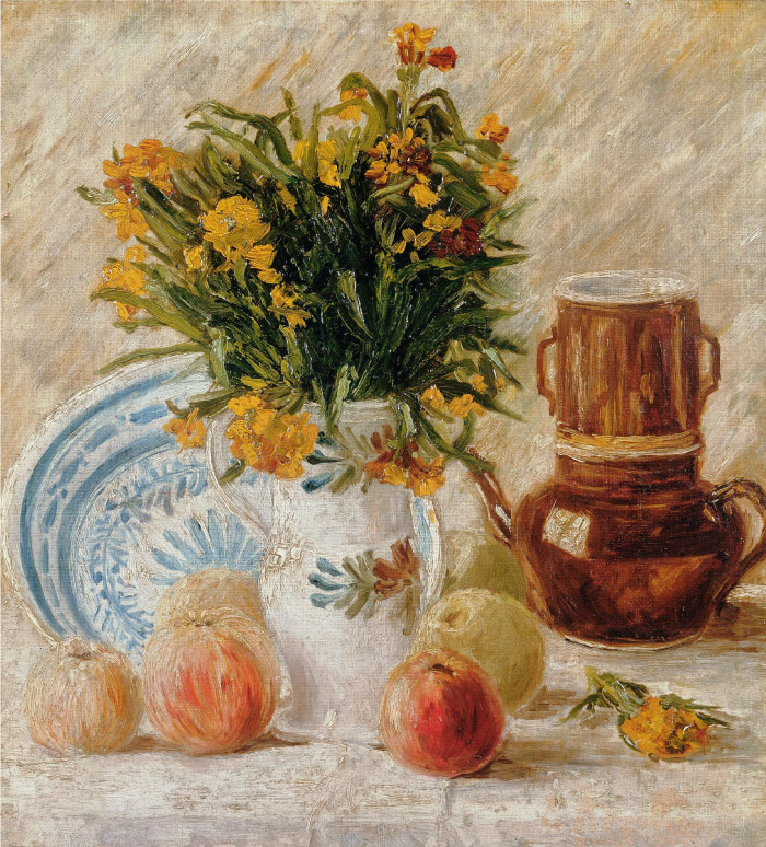 梵高（Vincent van Gogh）高清作品 –花瓶，鲜花，咖啡壶和水果 Vase with Flowers, Coffeepot and Fruit