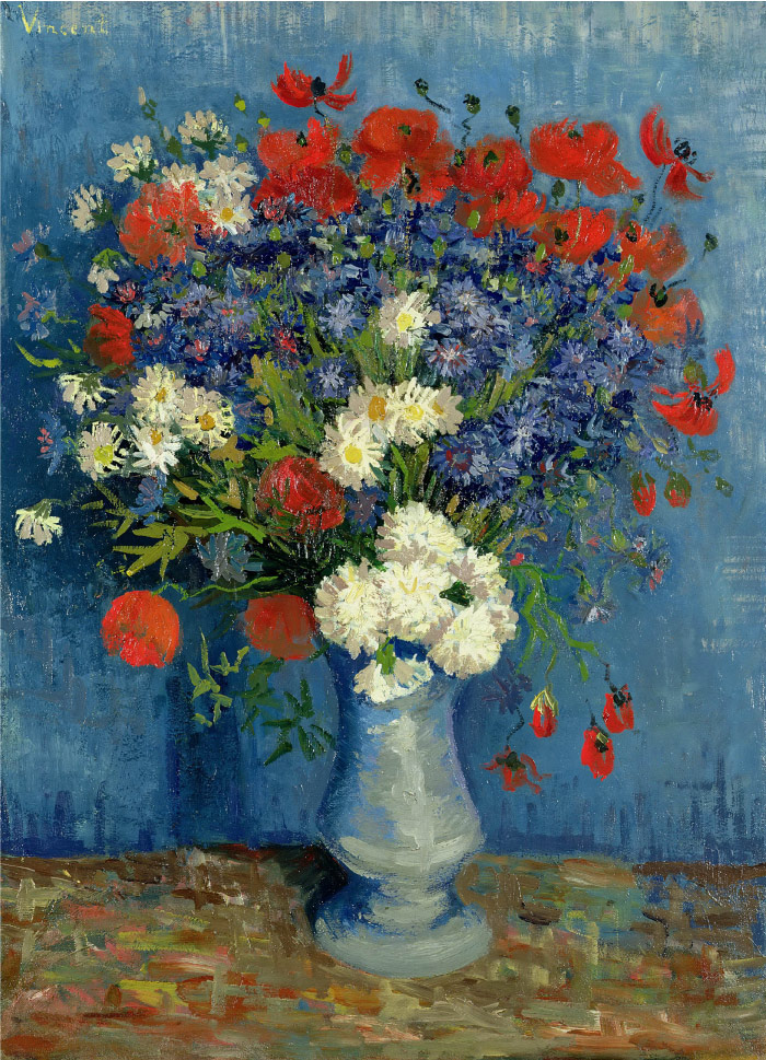 梵高（Vincent van Gogh）高清作品 –矢车菊和罂粟花瓶 Vase with Cornflowers and Poppies