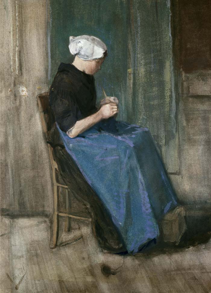梵高（Vincent van Gogh）高清作品-舍维宁根妇女缝纫 Scheveningen Woman Sewing