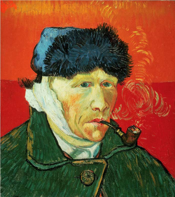 梵高(Vincent van Gogh)高清作品-戴头巾的耳朵和烟斗的自画像 Self Portrait with Bandaged Ear and Pipe