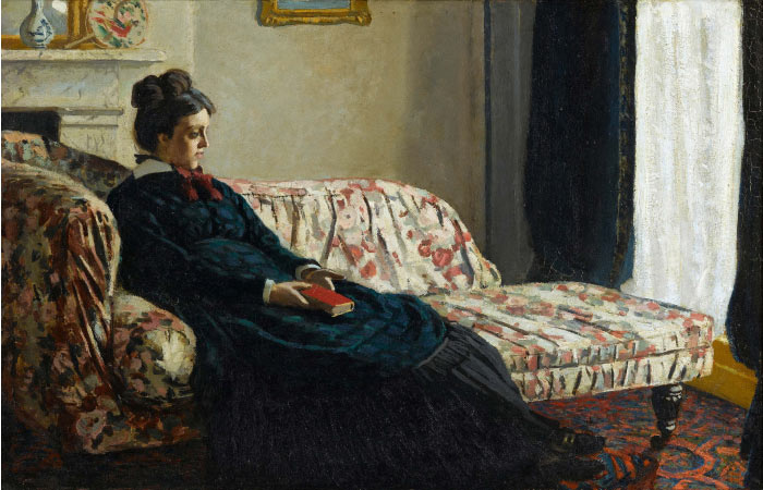 克洛德·莫奈（Claude Monet）高清作品- 冥想，莫奈夫人坐在沙发上, 1870年