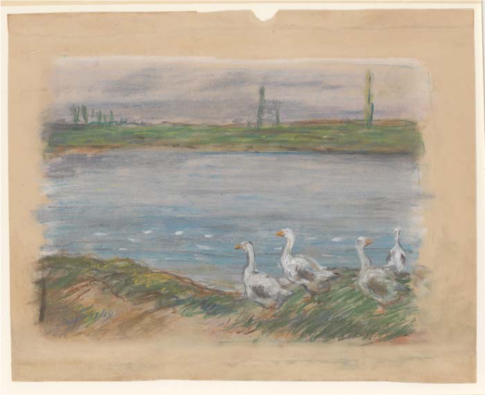 阿尔弗雷德·西斯利（Alfred Sisley）高清作品-河边的一群鸭子