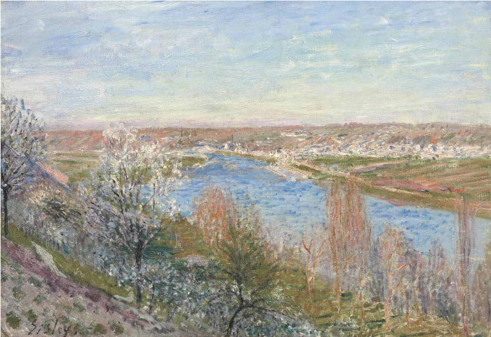阿尔弗雷德·西斯利（Alfred Sisley）高清作品-四月的平原日落 Le village de Champagne au coucher du soleil, Avril