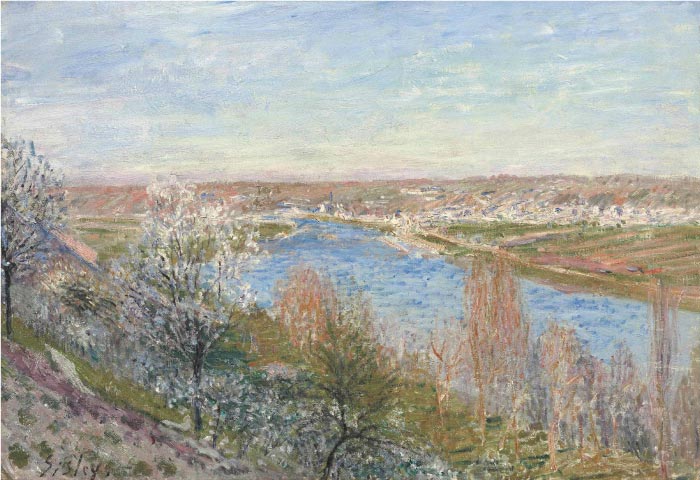 阿尔弗雷德·西斯利(Alfred Sisley)高清作品-四月的平原日落 Le village de Champagne au coucher du soleil, Avril
