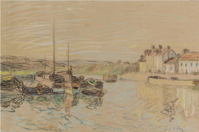 阿尔弗雷德·西斯利（Alfred Sisley）高清作品-湖面小船与房屋