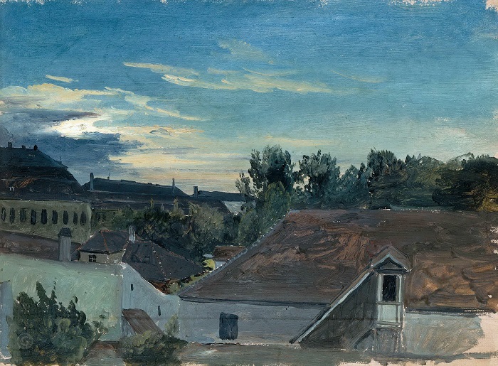 卡尔·布莱琴（Carl Blechen ）高清作品-在傍晚的灯光下俯瞰房屋